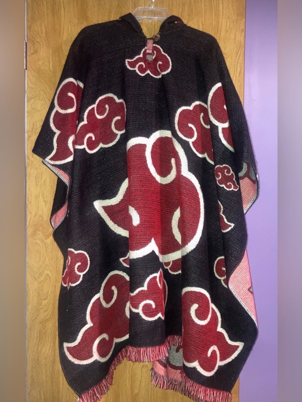 Japanese Black and Burgundy Cloud Hooded Poncho